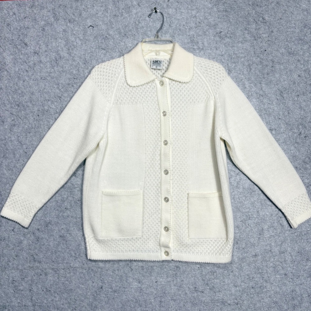 Ades of California Cardigan Women XL Cream Vintage Pointelle Knit Button 60s